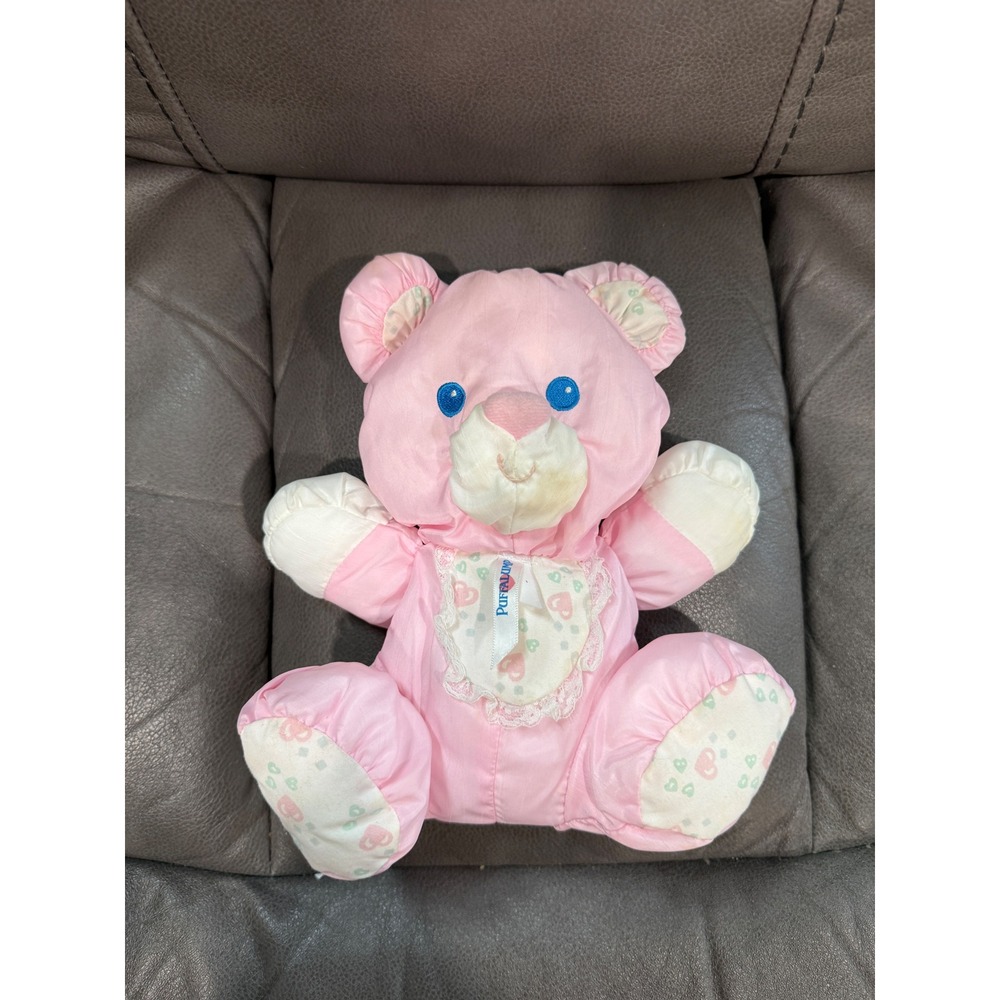 Vintage 1994 Fisher Price Puffalump Pink Teddy Bear Nylon Plush Heart Bib 1212